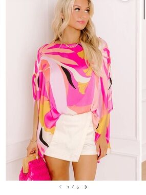 Impressions Hot Pink Multicolor Abstract Dolman Sleeve Top